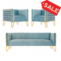 Manhattan Comfort 3-SS548-OB Vector 3-Piece Ocean Blue and Gold Sofa and Armchair Set